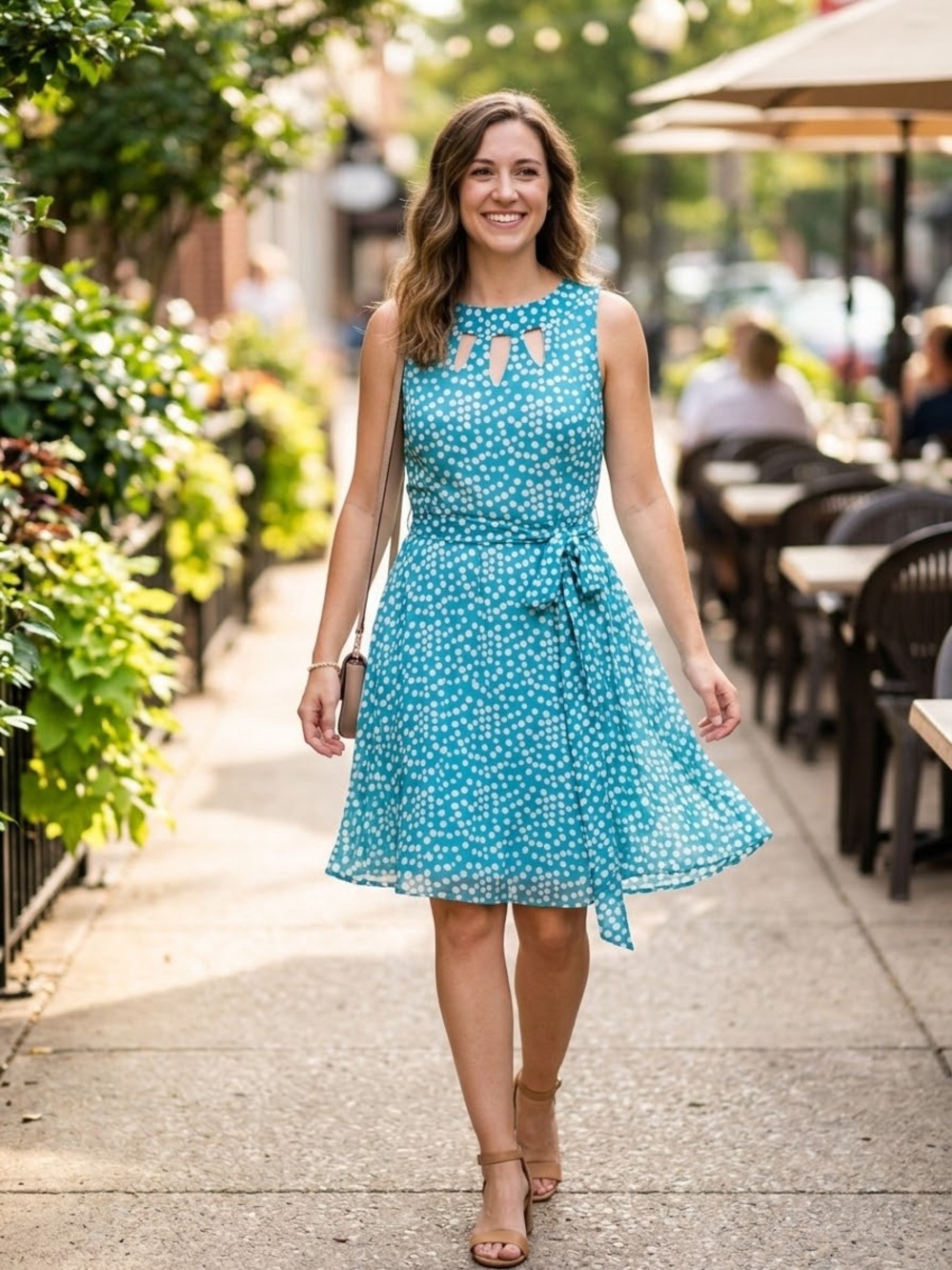 Voir Voir Teal Polka-Dot Midi Dress with Tie Waist